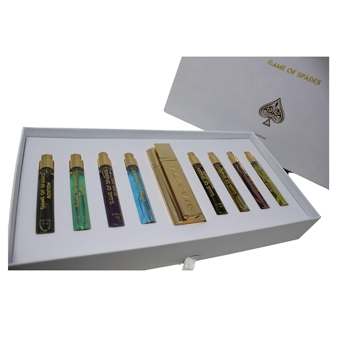 JO Milano Game of Spades 9-Piece Mini Parfum Set for Men &amp Women ? Includes Boston Moon Blind Bid Full House Diamond Gold Ruby Yellow Sapphire &amp High Roller (0.33 oz Each