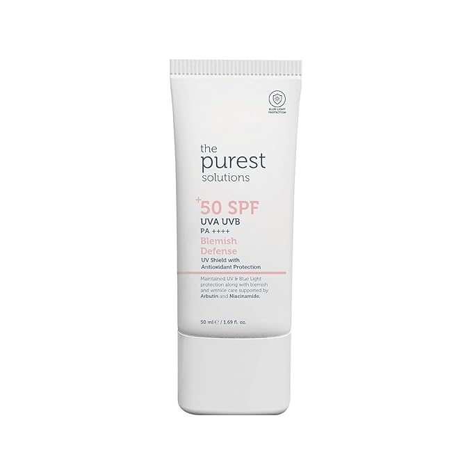 The Purest Solutions Blemish Defense (UV Shield with Antioxidant Protection SPF 50+) - 8h UVA Protection Arbutin &amp Niacinamide for Skin Tone Harmonization and Moisturizers - Vegan (50 ml)