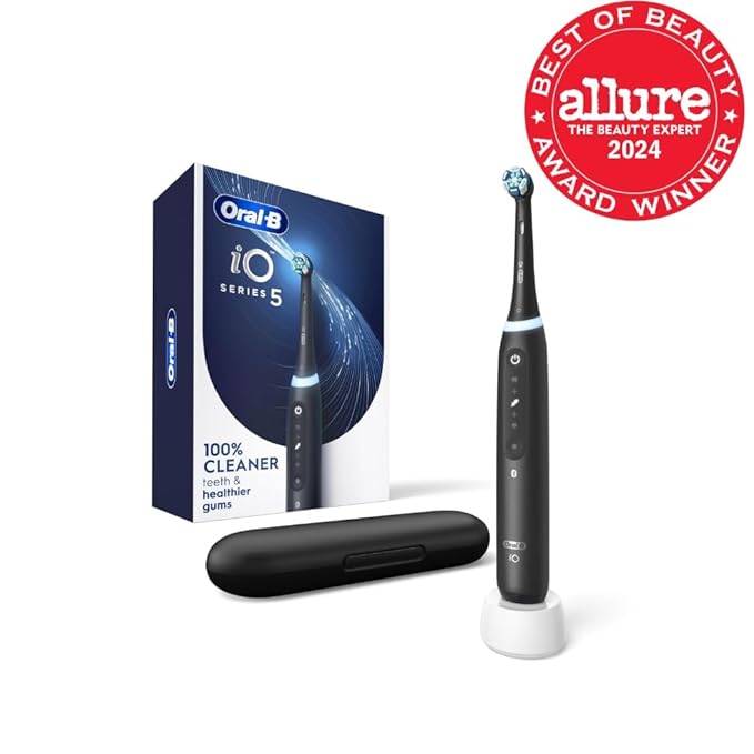Oral-B iO Series 5 Rechargeable Electric Toothbrush with Visible Pressure Sensor to Protect Gums 2 Minute Timer 5 Cleaning Settings 1 Replacement Toothbrush Heads and Travel Case Black