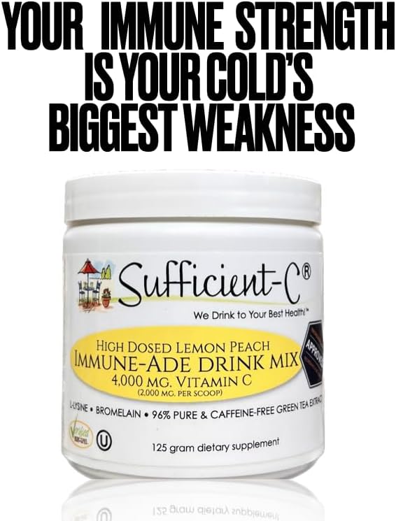Sufficient-C High Dose Non-GMO Vitamin C Lemon Peach Immune-Ade Drink Mix Convenient 125 Gram Size w/L-lysine Bromelain &amp a Premium 96% Pure Green Tea Extract - Stomach Friendly Adrenal Support
