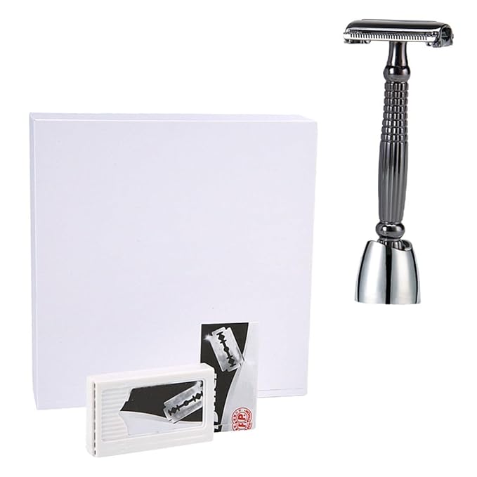 Extended Handle Manual Shaver with Stand Double Edge Beard Shaving Razor for Men Comfortable Grip Hand Razor for Precise Skin-safe Facial and Body Hair Removal