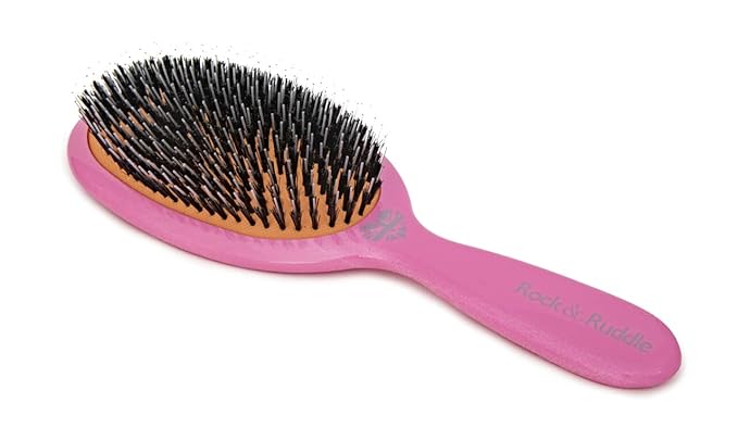 Rock &amp Ruddle Natural Mixed Boar Bristle Hair Brush for Women and Kids (Large 8.3) - Perfect for Wet or Dry Hair Detangling Smoothing Blowdrying - Designed &amp Made in UK - Tickled Pink Design