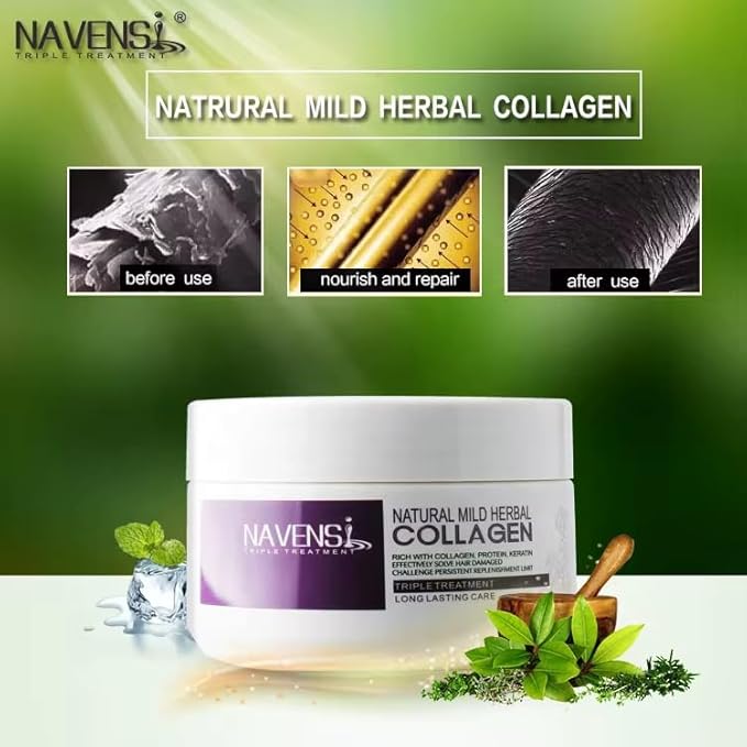 Navensi Natural Mild Herbal Collagen Triple Treatment Hair Care Moisturizing with Protein and Keratin pH Balancing hair mask. 16.9 floz