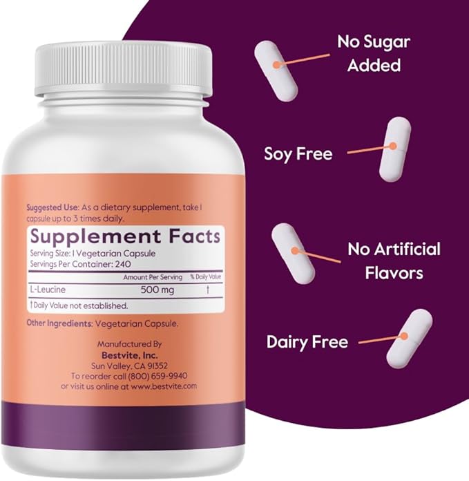 BESTVITE Filler-Free L-Leucine 500mg per Capsule (480 Vegetarian Capsules) (240x2) ? No Stearates No Fillers ? Vegan Non-GMO Gluten-Free Leucine Supplement ? Essential Amino Acid Supplement