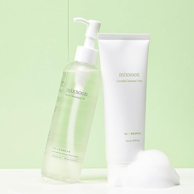 mixsoon Double Cleansing Set- 2-Step Routine Centella Foam &amp Bean Cleansing Oil Gentle Deep Clean and Hydrating Care 150ml / 5.07 fl.oz. 195ml / 6.59 fl.oz. Korean Glass Skin Care