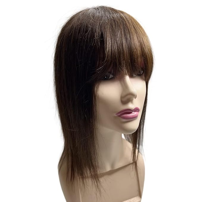 Anemone Thick Full Human Hair Topper For Women 14x14 cm Clip In Hairpieces With Air Bangs Straight Wiglets Toupee Cover Grey Thinning Hair (Dark Brown 14 inch)