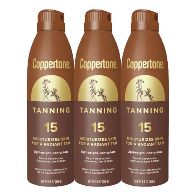 Coppertone Tanning Sunscreen Spray with Broad Spectrum SPF 15 Water Resistant Spray Sunscreen Lightweight and Non-Greasy 5.5 Oz Pack of 3