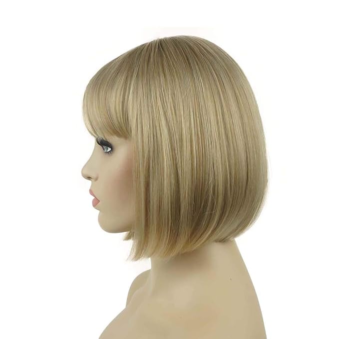 Lydell 8 Straight Short Bob Hair Flat Bangs Cute Central Dot Skin Top Heat Resistant Synthetic Wigs (15BT613 Blonde Mix)