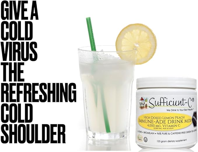 Sufficient-C High Dose Non-GMO Vitamin C Lemon Peach Immune-Ade Drink Mix Convenient 125 Gram Size w/L-lysine Bromelain &amp a Premium 96% Pure Green Tea Extract - Stomach Friendly Adrenal Support