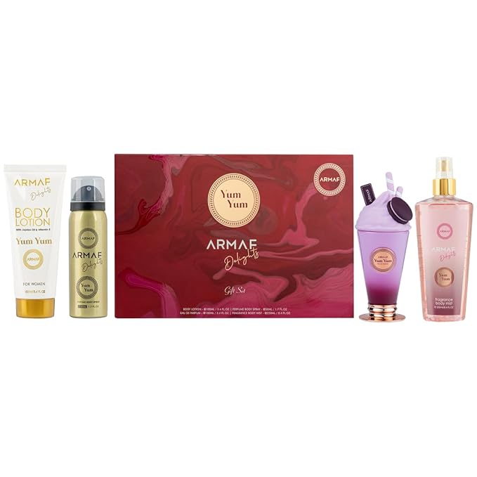Armaf Yum Yum ? Fruity Floral Vanilla ? 4-Piece Gift Set for Women (3.4 oz Eau de Parfum + 3.4 oz Body Lotion + 1.7 oz Body Spray + 8.4 oz Body Mist)