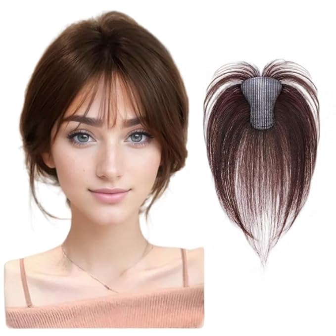 Hook and Loop Strap Human Hair Bangs No Clips Magic Paste Toppers For Women Female Upgrade Sewing Stickers Increase Volume of Fluffy Hair Patches (Dark Brown Air Bangs 6x8cm)