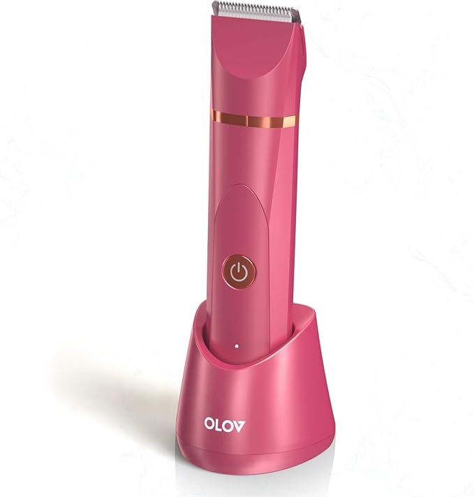 OLOV Electric Body Hair Trimmer - Groin Trimmer for Men - Bikini Trimmer Women - Wet/Dry Shaver Groomer Replaceable Ceramic Blade Heads USB Recharge Dock Waterproof Hygiene Razor Red
