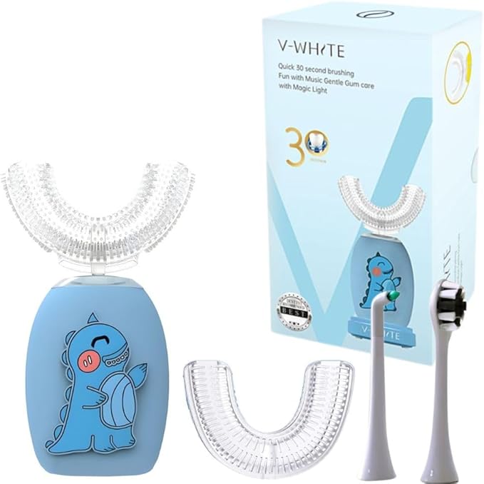 V-WHITE Electric Toothbrush Kids- Ultrasonic U-Shaped Toothbrushes for Teeth Whitening - 360° Mouth Cleansing Hands Free Gums Protection - Wireless Charging &amp LED Light - Waterproof IPX7 Certifie
