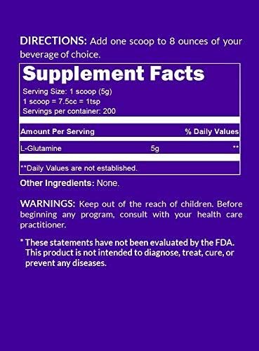 Pure L-Glutamine Made in The USA - 200 Servings - 1000g 2.2lb Bulk Vegan Non-GMO Gluten and Soy Free. Minimize Muscle Breakdown &amp Improve Protein Synthesis. No Additives