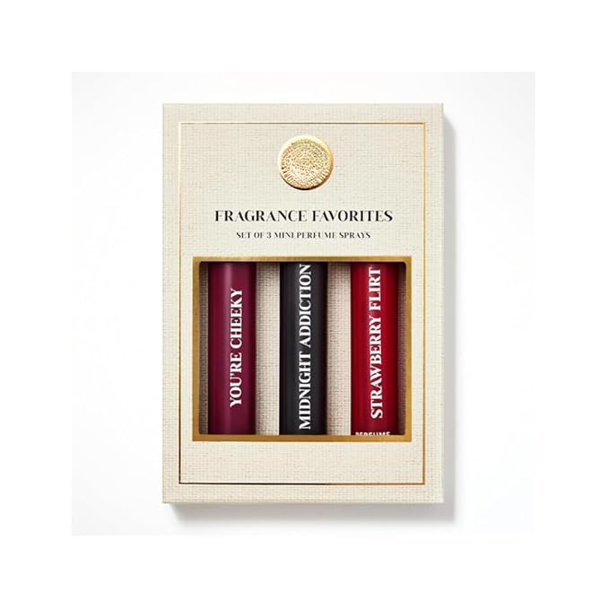Bath and Body 3-piece Gift Set Everyday Luxuries Mini Fragrance Perfume Spray Favorites - Midnight Addiction Strawberry Flirt &amp You're Cheeky Travel Size (0.23 oz each) Arranged in Gift Box