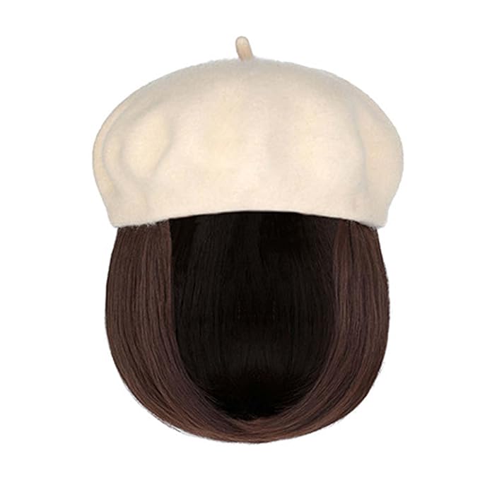 Hat Wig Beret Hat with Hair Extensions Classic French Wool Hat Straight Short Bob Hairpiece Women Bob Wig Hats