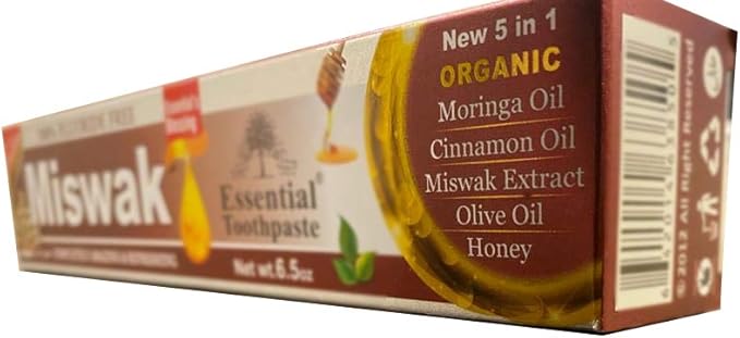 Essential Palace (Pack of 6) Organic Miswak Herbal Whitening Toothpaste - Refreshing- with Moringa Oil Cinnamon Oil Miswak Extract Olive Oil &amp Honey- 100% Fluoride Free &amp Vegetable Base - 6