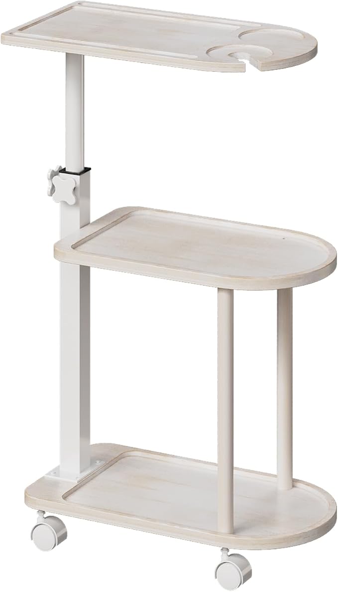 Bamboo 3-Layer Bathtub Tray Stand Freestanding Rotating Caddy with Adjustable Height Decorative Bathroom Shelf &amp Indoor Plant Stand Spa Organizer for Tub Side Use Vintage White