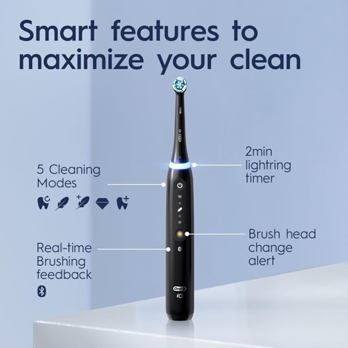 Oral-B iO Deep Clean + Whiten Rechargeable Electric Toothbrush with Visible Pressure Sensor 2 Minute Timer 5 Cleaning Settings 1 iO5 Limited 3 Toothbrush Heads Travel Case &amp Refill Holder Bl