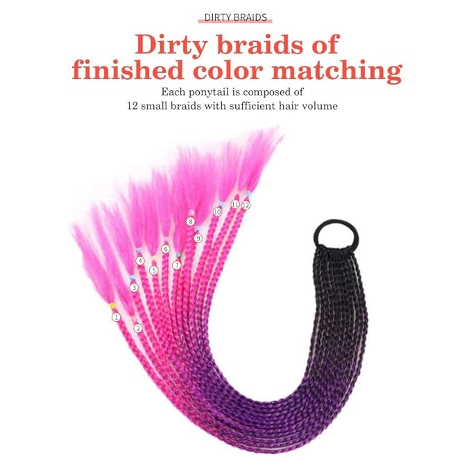 Hair Buns Hair Piece 24 Inch Braided Ponytail Multicolor Braid Extensions Rainbow Braided Hair Extensions Synthetic Wigs with Elastic Bands Hair Accessories For Girls (Color : APink Size : 24inch)