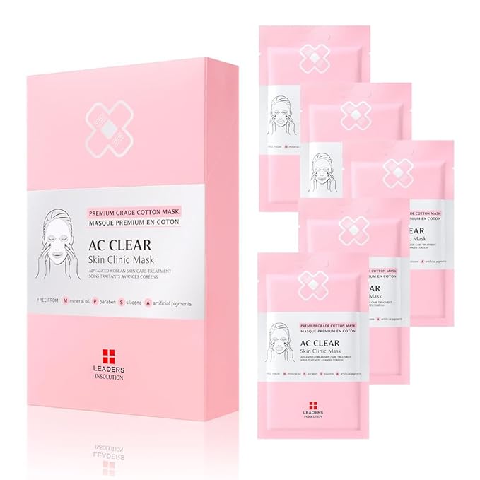 Leaders Insolution AC Clear Skin Clinic Mask | Snail Secretion &amp Tea Tree Oil for Acne Redness Oil Control | 100% Cotton Bemliese Sheet | Balances &amp Soothes Sensitive Skin (5 Sheets)