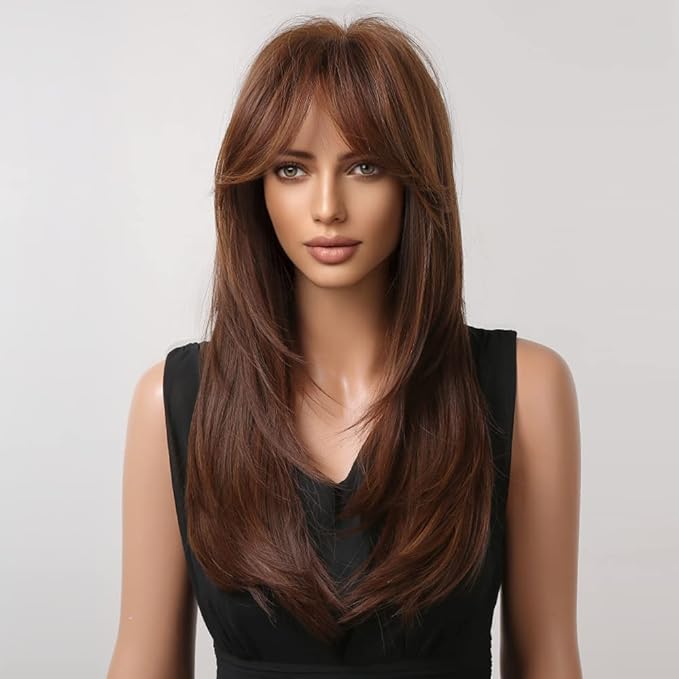 HAIRCUBE Long Layered Synthetic Hair Wigs for Women with Bang (Reddish Brown)