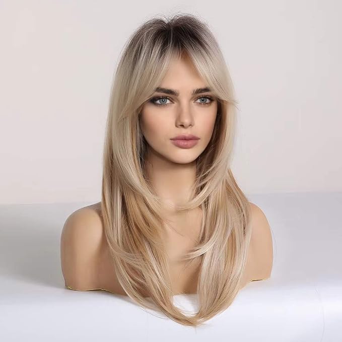 Heat Resistant Wigs Human Hair Mixed Synthetic Long Layered Black Blonde Highlights with Bangs for Women Party Cosplay