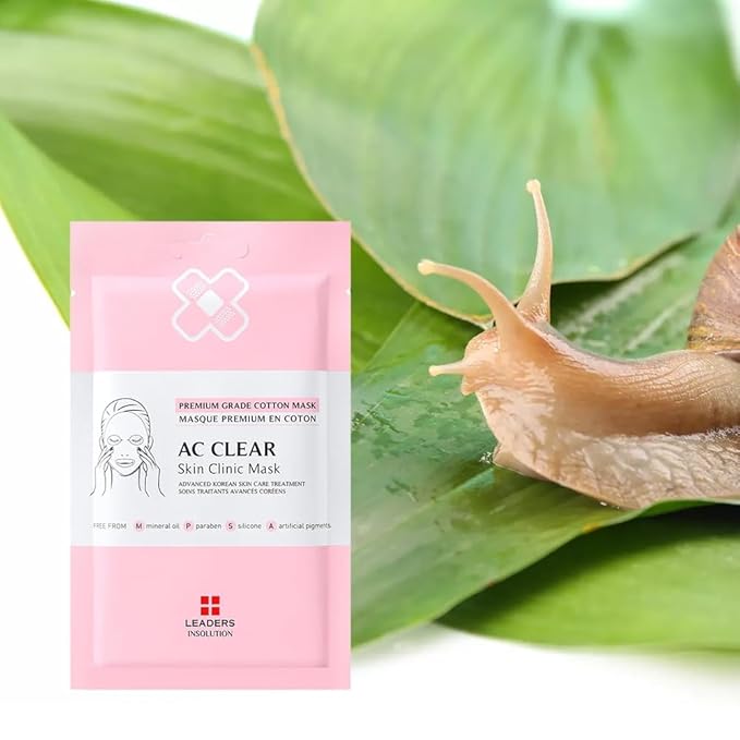 Leaders Insolution AC Clear Skin Clinic Mask | Snail Secretion &amp Tea Tree Oil for Acne Redness Oil Control | 100% Cotton Bemliese Sheet | Balances &amp Soothes Sensitive Skin (5 Sheets)