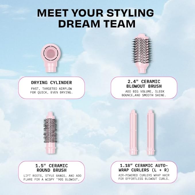 FoxyBae Super Styler Pro Interchangeable Hair Styler Wand Curling Iron Set - w/Drying Cylinder Ceramic Blowout &amp Round Brushes 2 Auto-Wrap Curlers - Frizz-Free Smooth Hair (Blush)