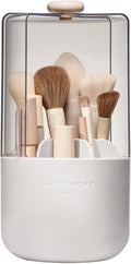 EACHY Makeup Brush Holder 360° Rotating with Dustproof Lid Waterproof Material 7 Compartments for Organized Storage Stylish and Durable Design for Vanity (White)