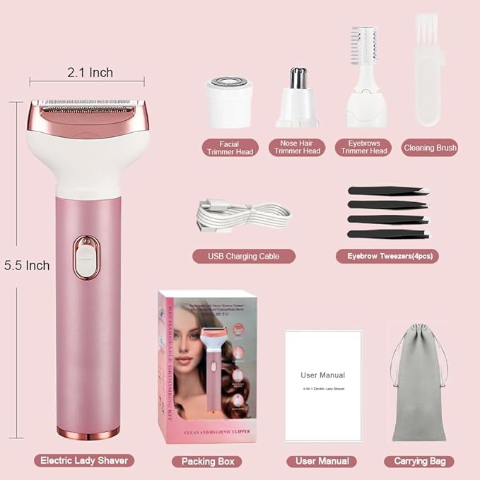 Electric Lady Shaver 4-in-1 Shaving Kit for Women Bikini Trimmer Facial Hair Remover Eyebrow Trimmer Nose Hair Trimmer Rechargeable Wet &amp Dry Use Easy Cleansing (Rosegold)