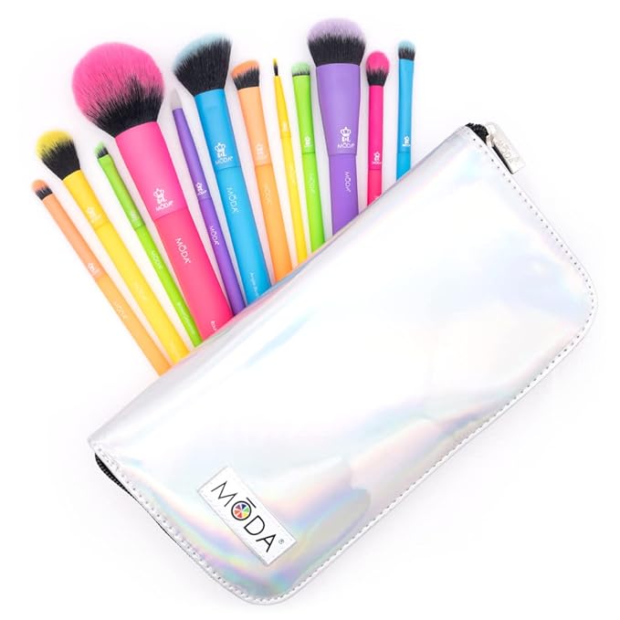 Moda Totally Electric 13pc Full Face Makeup Brush Set ? Bold Colorful Vegan Brushes for Face &amp Eye Makeup Blending Contouring and More