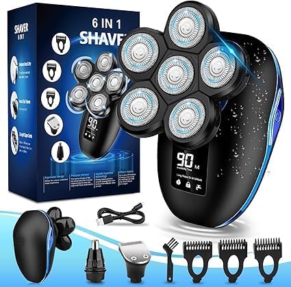 Head Shaver for Bald Men 6-in-1 Electric Shaver for Bald Head 6D Wet/Dry Waterproof Mens Electric Razor Head Shavers with Grooming Kit Cordless Rechargeable Face Head Shaving Rotary Shavers Blue