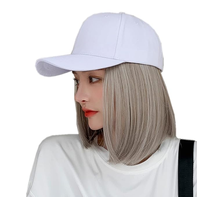 Women's Short Bob Wigs Baseball Cap with Hair Girls Wig Hats Straight Hair Wavy Natural grey