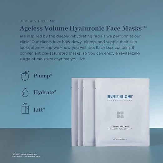 Beverly Hills MD Ageless Volume Hyaluronic Face Mask- Reduce Appearance of Wrinkles Anti Aging Formula for Plump Moisturized Skin- 8 Pack- Hydrating &amp Firming Gentle Sheet Mask