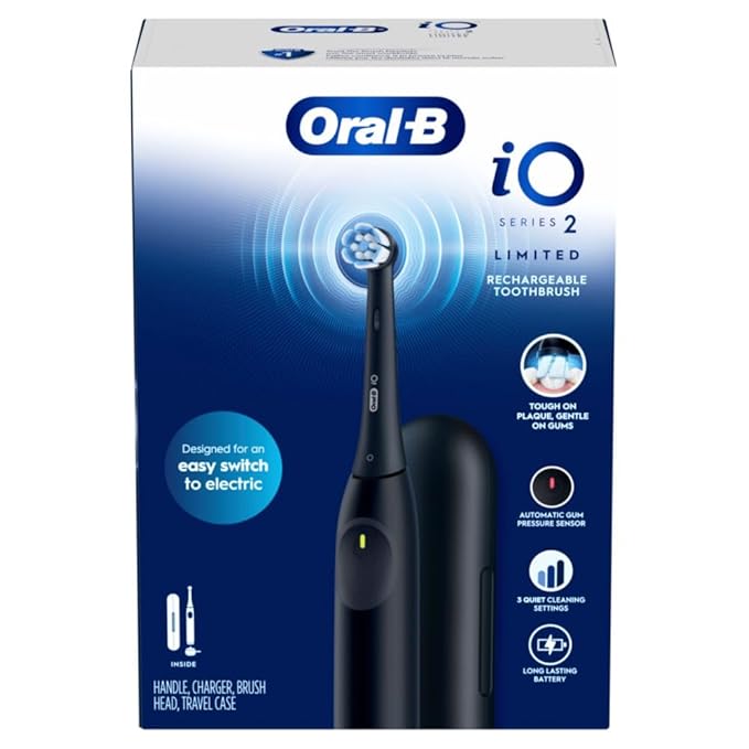 Oral-B iO Simple Clean Rechargeable Electric Powered Toothbrush Night Black with 1 Gentle Care Brush Head and 1 Black Travel Case - Automatic Pressure Sensor to Protect Gums - 3 Modes - 2 Min Timer