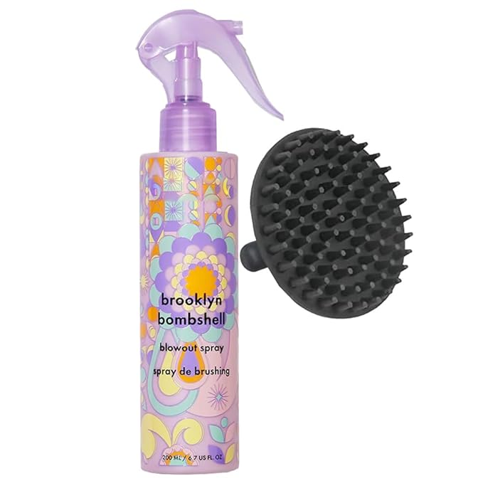 Amikaa Brooklyn Bombshell Blowout Spray 6.7 oz with Scalp Shampoo Brush ? Volumizing Heat Protectant for Fine to Medium Hair Blowout Mist for Body &amp Shine