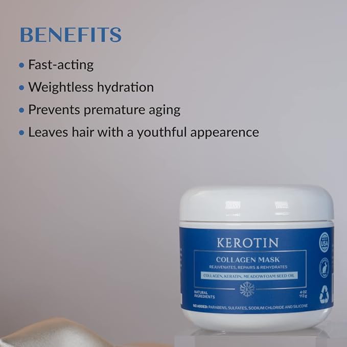 Kerotin Collagen Hair Mask - Hair Treatment Conditioner with Keratin Collagen and Vitamin E Repair Damaged Hair Prevent Breakage and Control Frizz. Made in the USA (16 fl oz 2 units)