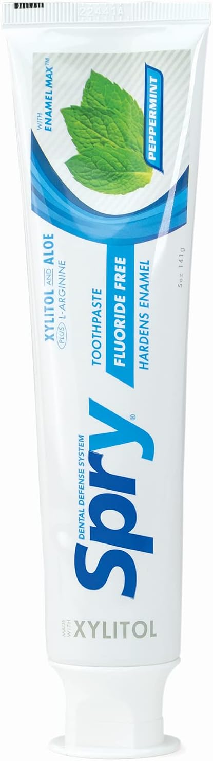 Spry Natural Xylitol Toothpaste 5oz for Adults and Kids - Fluoride Free Gentle for Sensitive Teeth Whitening and Remineralizing Breath Freshening Mouth Moisturizing Peppermint (Pack of 6)