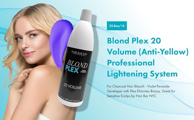 HAIR BAR NYC 20 Volume - Blond Plex Anti-Yellow Porfessional Lightening System for Charcoal Hair Bleach - Violet Developer with Plex Reduce Brassy Eliminates Orange Tones 33.8oz/1lt