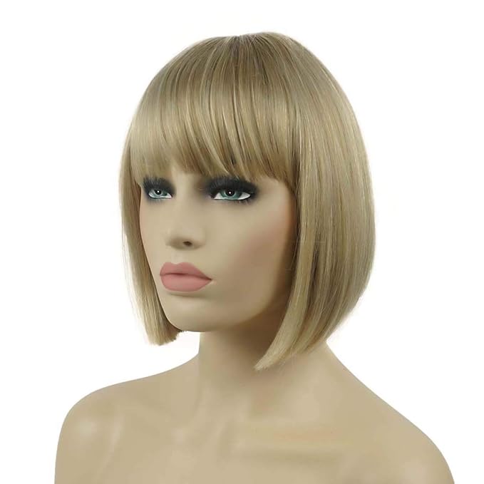 Lydell 8 Straight Short Bob Hair Flat Bangs Cute Central Dot Skin Top Heat Resistant Synthetic Wigs (15BT613 Blonde Mix)