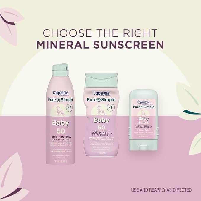 Coppertone Pure and Simple Baby Mineral Sunscreen Spray SPF 50 (5 Oz) Tear Free + Baby Sunscreen Stick SPF 50 (0.49 Oz) Hypoallergenic and Fragrance Free