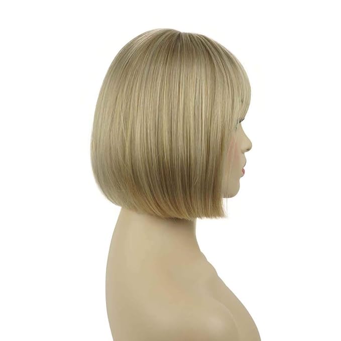 Lydell 8 Straight Short Bob Hair Flat Bangs Cute Central Dot Skin Top Heat Resistant Synthetic Wigs (15BT613 Blonde Mix)