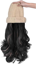 Woman Wig Winter Beanie Hat Wig Extension Long Wavy Curly Wig with Plush Knitted Hat Warm Wig