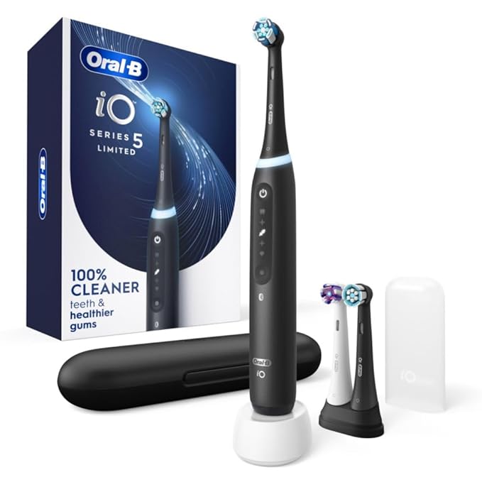 Oral-B iO Deep Clean + Whiten Rechargeable Electric Toothbrush with Visible Pressure Sensor 2 Minute Timer 5 Cleaning Settings 1 iO5 Limited 3 Toothbrush Heads Travel Case &amp Refill Holder Bl
