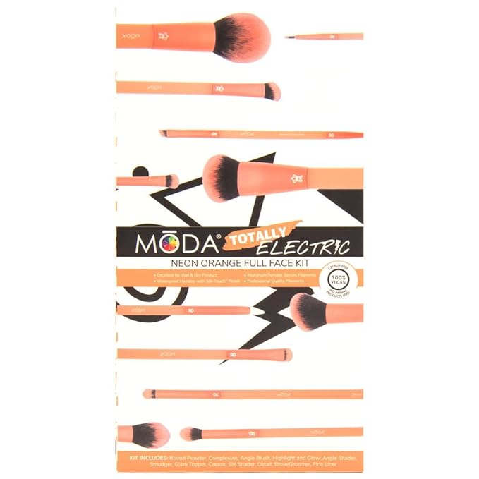 MODA Totally Electric Neon Orange Full Face Makeup Brush Kit ? 13pc Vibrant Brush Set for Face &amp Eyes with Zip Case