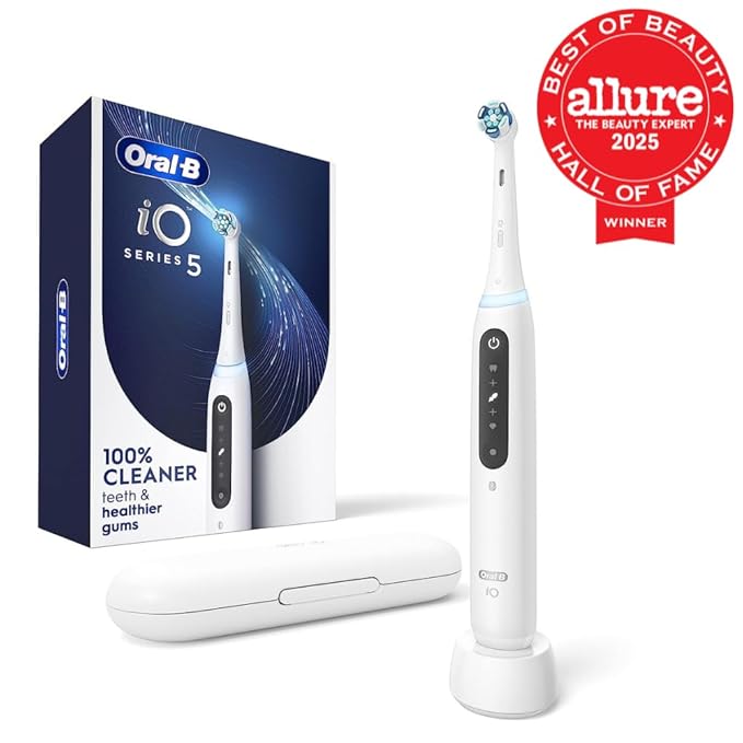 Oral-B iO Series 5 Rechargeable Electric Toothbrush with Visible Pressure Sensor to Protect Gums 2 Minute Timer 5 Cleaning Settings 1 Replacement Toothbrush Heads and Travel Case White