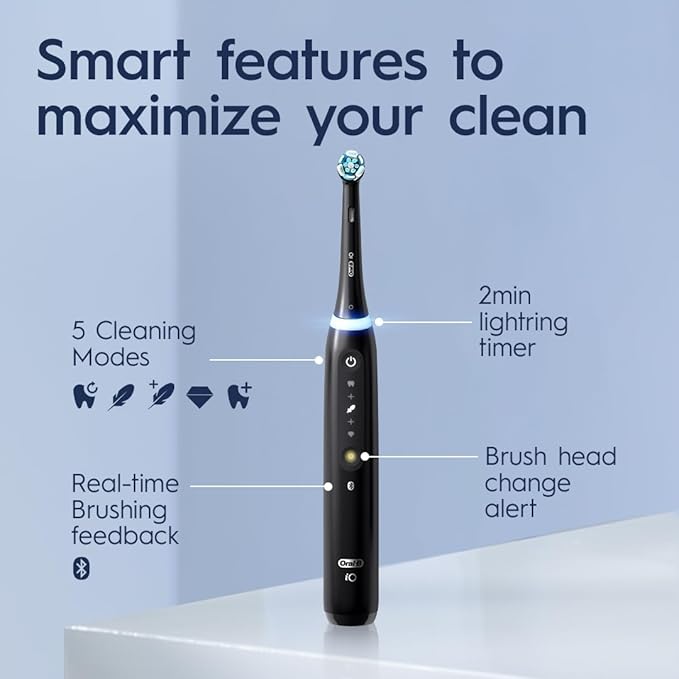 Oral-B iO Series 5 Rechargeable Electric Toothbrush with Visible Pressure Sensor to Protect Gums 2 Minute Timer 5 Cleaning Settings 1 Replacement Toothbrush Heads and Travel Case White