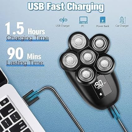 Head Shaver for Bald Men 6-in-1 Electric Shaver for Bald Head 6D Wet/Dry Waterproof Mens Electric Razor Head Shavers with Grooming Kit Cordless Rechargeable Face Head Shaving Rotary Shavers Blue
