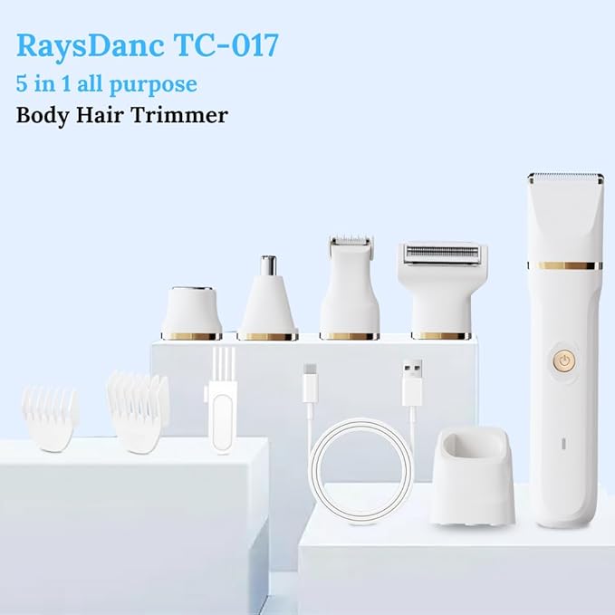 5-in-1 Bikini Trimmer for Women IPX7 Waterproof Women's Electric Razor and Shaver Cordless Facial &amp Pubic Hair Trimmer 5 Interchangeable Heads for All Areas Ceramic Blades USB Charging